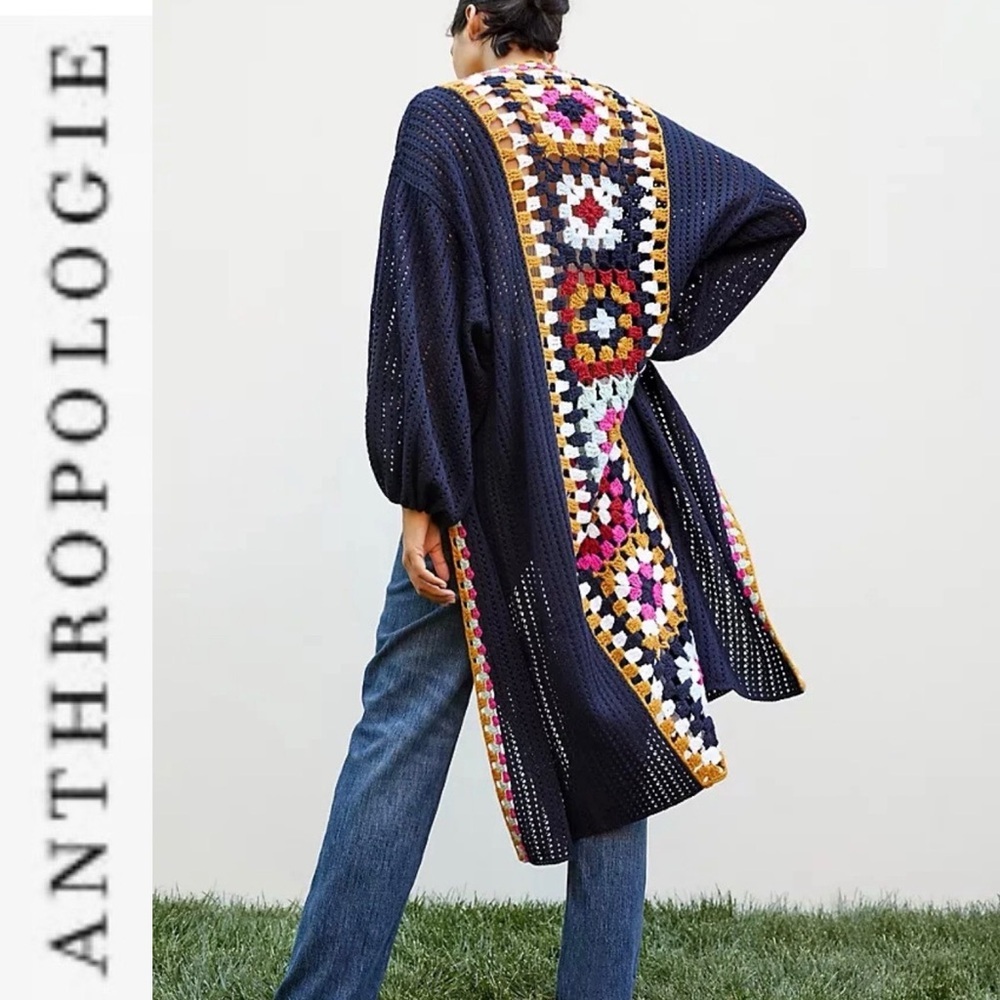 Anthropologie Square Crochet-Trimmed Sweater Duster Kimono Granny Long Black OS